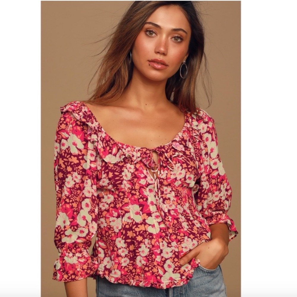 Free People sweet memories pink floral print ruffled puff Sleeve top small